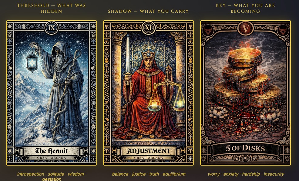 Chloë's Treefold Gate Spread: The Hermit, Adjustment, and the 5 of Disks