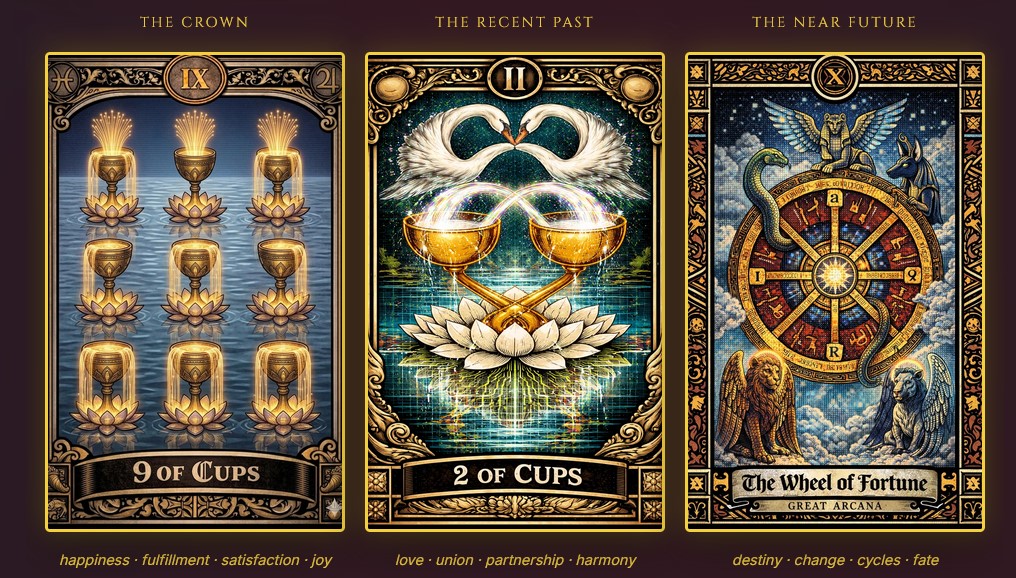 Dave's Expanded Celtic Cross: 9 of Cups, 2 of Cups, and Fortune